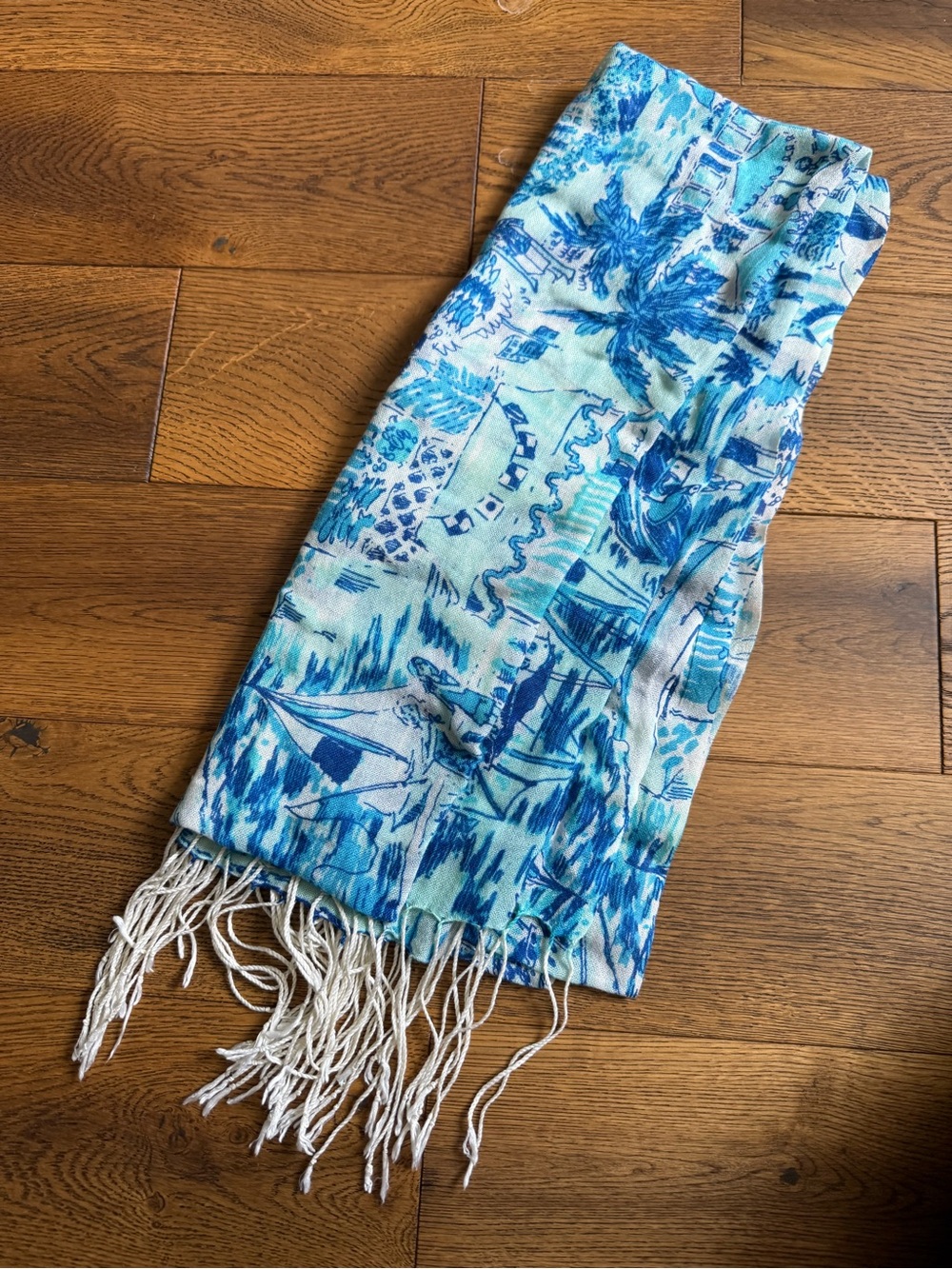 Blue Patterned Fringe Scarf